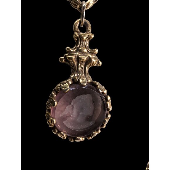 Vintage Goldette Signed 4 Strand Necklace Intaglio Cameo Pendant 24"–40" Layered - Picture 2 of 4
